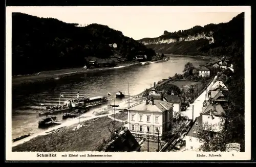 AK Schmilka Sa., Ortsansicht mit Elbtal und Schrammsteinen
