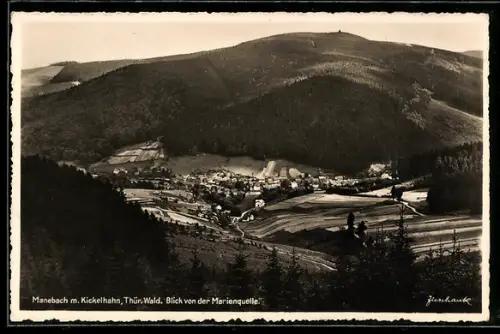 AK Manebach /Thür. Wald, Blick von der Marienquelle auf den Ort und Kickelhahn