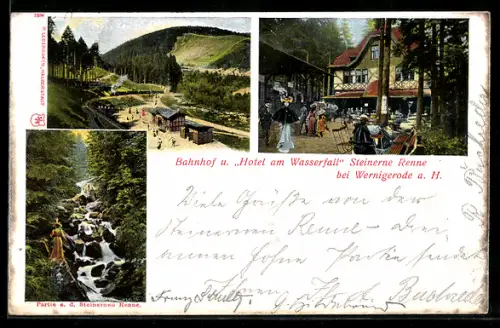 AK Wernigerode a. H., Bahnhof, Hotel am Wasserfall Steinerne Renne, Partie an der Steinernen Renne