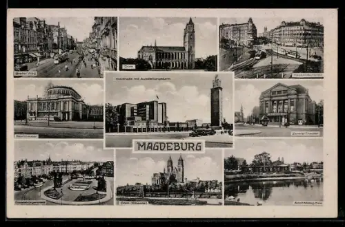 AK Magdeburg, Dom, Stadthalle mit Ausstellungsturm, Zentral-Theater