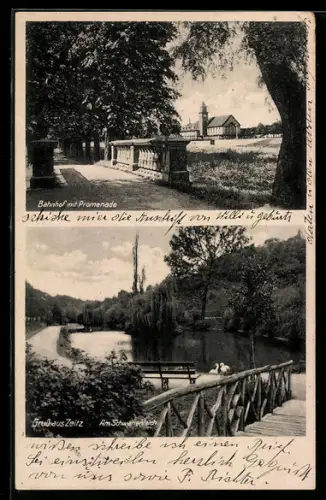 AK Zeitz, Bahnhof mit Promenade, Am Schwanenteich