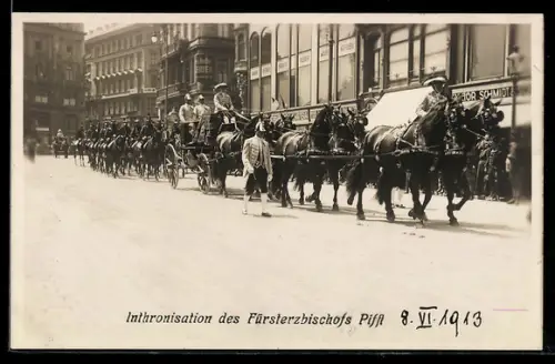 AK Wien, Inthronisation des Erzbischofs Piffl 1913, Festzug mit Kutsche, Reiter, Geschäfte
