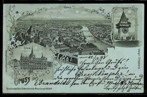 Mondschein-Lithographie Graz, Rathaus, Uhrturm, Stadtansicht mit Brücken