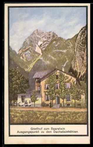 Künstler-AK Bad Aussee, Gasthof zum Saarstein mit Bergspitze