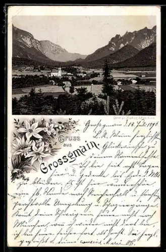 Lithographie Grossgmain, Totalansicht mit Feldern und Bergpanorama