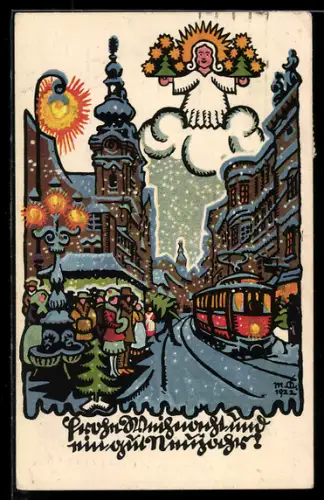 Künstler-AK Linz, Am Taubenmarkt, Verschneite Strassenpartie mit Strassenbahn, Tannenbäumen, Christkind