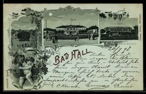 Mondschein-Lithographie Bad Hall, Curhaus, Trinkhalle, Promenade, Kinderfigur mit Römerglas, Wein