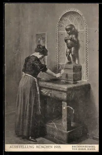 AK München, Ausstellung 1908, Dame am Brunnenbuberl