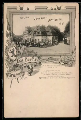 AK Alt-Berlin, Berliner Gewerbe-Ausstellung 1896, Gasthaus, Wappen, Passepartout