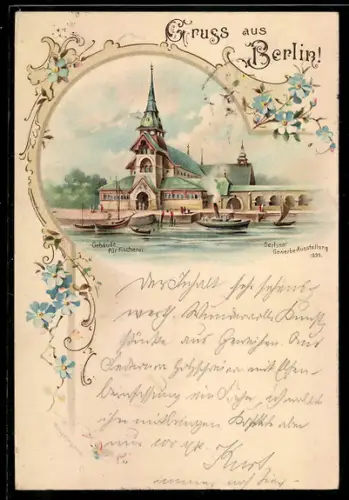 Lithographie Berlin, Berliner Gewerbe-Ausstellung 1896, Gebäude für Fischerei