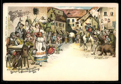 Lithographie Leipzig, Sächs.-Thür. Industrie und Gewerbe-Ausstellung 1897, Gasthaus Auerbach's Hof und feierndes Volk