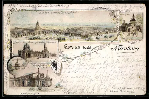 Lithographie Nürnberg, Die drei grossen Hauptgebäude, Weinhaus, Maschinenhalle