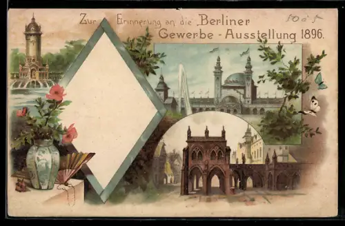 Lithographie Berlin, Gewerbe-Ausstellung 1896, Hauptgebäude, Gerichtslaube und Wasserturm