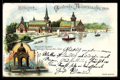 Lithographie Berlin, Gewerbe-Ausstellung 1896, Dampfer-Anlegestelle, Gebäude für Fischerei