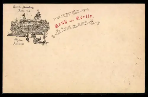 Lithographie Berlin, Gewerbe-Ausstellung 1896, Ausstellungs-Gebäude und Marine Schauspiel