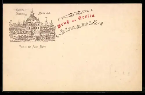 Lithographie Berlin, Gewerbe-Ausstellung 1896, Pavillon der Stadt Berlin