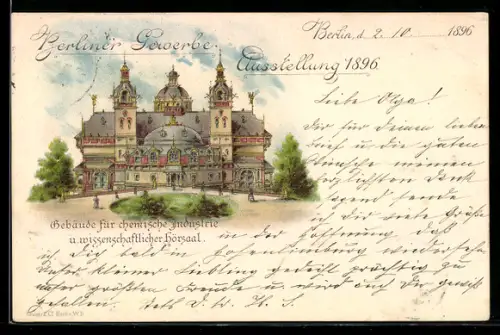 Lithographie Berlin, Gewerbe-Ausstellung 1896, Gebäude für chemische Industrie & wissenschaftl. Hörsaal