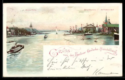 Lithographie Berlin, Berliner-Gewerbe-Ausstellung, Gebirgs-Panorama, Gebäude für Fischerei und Sport, Stralauer Kirche