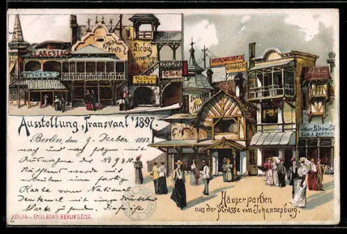 Lithographie Berlin, Ausstellung Transvaal 1897, Häuser aus der Strasse von Johannesburg