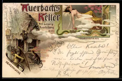 Lithographie Leipzig, Gasthaus Auerbach`s Keller, Hexenküche, Zauberspiegel