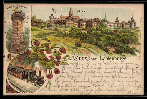 Lithographie Wien, Bergbahn, Hotel auf dem Kahlenberg, Aussischtsturm, Wappen
