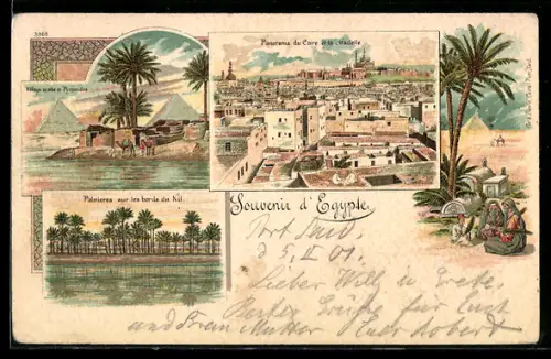 Lithographie Caire, Panorama et la citadelle, Village arabe et Pyramides, Palmieres sur les bords du Nil