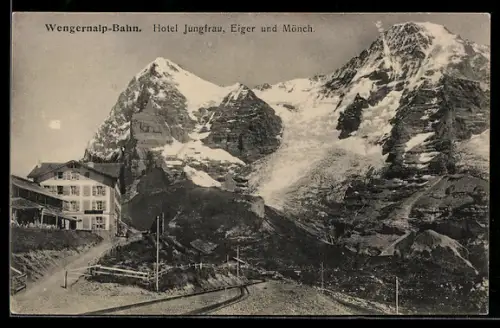 AK Wengernalp, Bergbahn mit Hotel, Jungfrau & Mönch