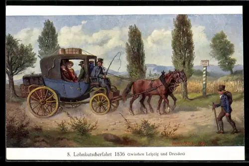 Künstler-AK Lohnkutscherfahrt 1836 zwischen Leipzig u. Dresden, Postkutsche