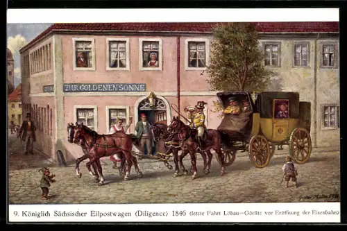 Künstler-AK Gustav Müller: Sächsische Post, Bild Nr. 9, Königlich Sächsischer Eilpostwagen (Diligence), 1846