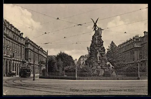 AK Turin / Torino, Piazzo della Statuto e Monumento del Frejus, Strassenbahn