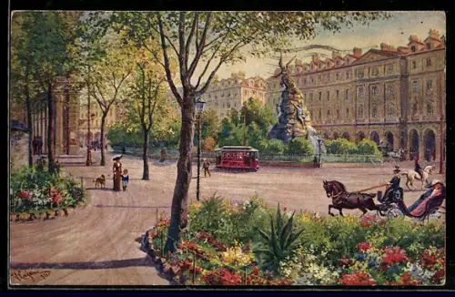 Künstler-AK Torino, Piazza Statuto e Monumento Frejus, Strassenbahn