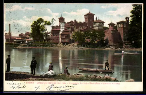 AK Torino, Castello Medioevale e fiume con persone sulla riva