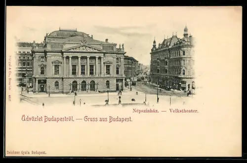 AK Budapest, Volkstheater mit Strassenpartie