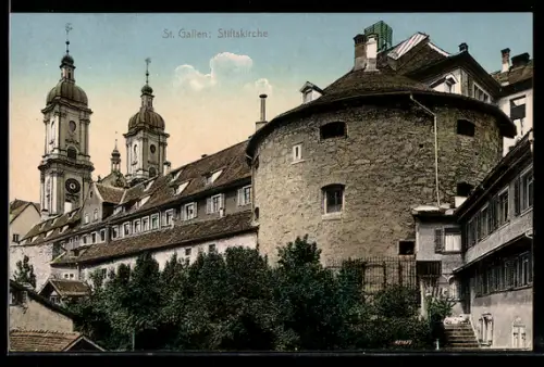 AK St. Gallen, Stiftskirche im Abendlicht