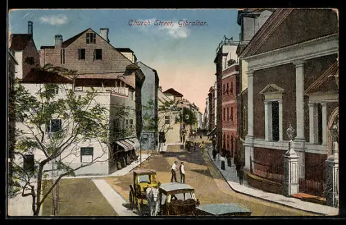 AK Gibraltar, Church Street, Partie mit Pferdekutschen