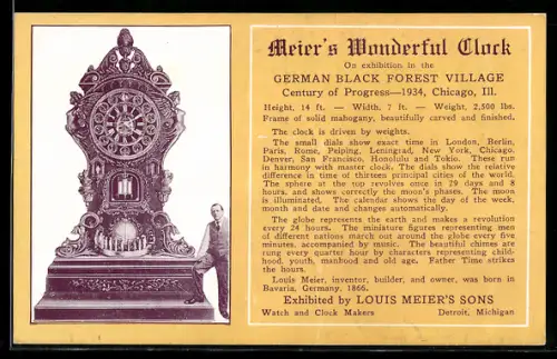 AK Chicago, Century of Progress 1934, German Black Forest Village, Meier`s Wonderful Clock