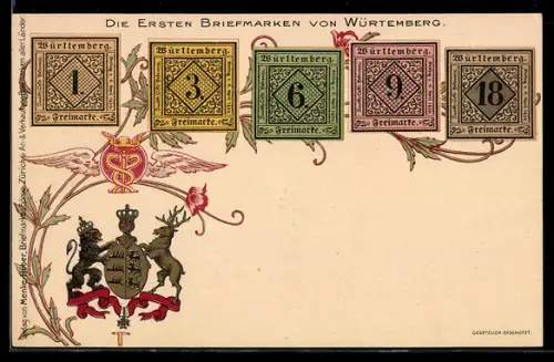 Lithographie Die ersten Briefmarken von Württemberg, Wappen und Blumen