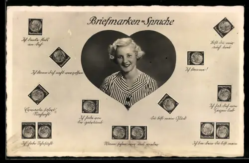AK Herz mit dem Bild einer Frau eingefasst von Briefmarken