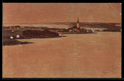 Künstler-AK Fritz Hass: Nikolaiken am Spirding-See, Teilansicht, Erinnerungen an den grossen Krieg