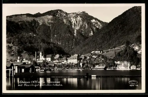 AK Ebensee, Ortspanorama mit Feuerkogel-Seilschwebebahn
