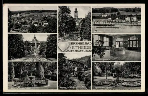 AK Bad Altheide, Gesamtansicht, Kurhaus, Charlottensprudel, Partie im Kurpark