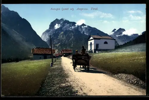 AK Ampezzo /Sorapis, Panorama mit Strassenpartie und Pferdewagen