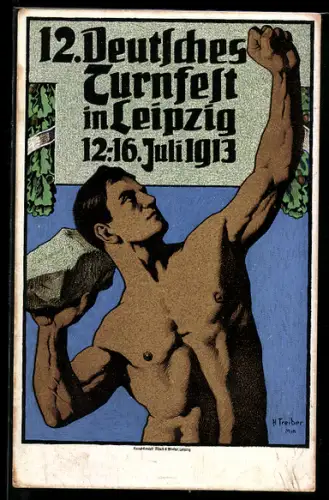 Künstler-AK Leipzig, XII. Deutsches Turnfest 1913, Athlet mit Fels