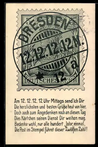 AK Dresden, Besonderes Datum 12.12.1912, Briefmarke mit Stempel