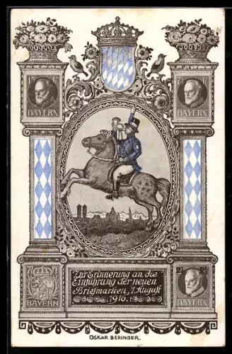 Künstler-AK Zur Erinnerung an die Einführung der neuen Briefmarken 1916 in Bayern