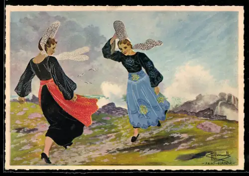 Künstler-AK Charles Homualk: Saint-Guenole-Penmarc`h (Finistère), Frauen trotzen dem stürmischen Wind