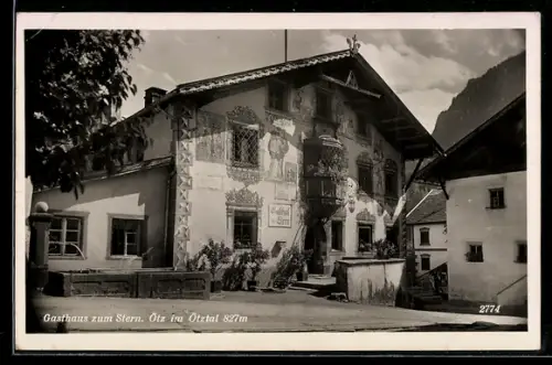 AK Ötz, Gasthaus zum Stern mit Brunnen