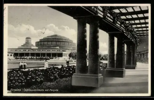 AK Breslau, Blick von der Pergola zur Jahrhunderthalle