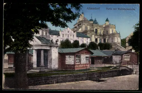 AK Albendorf, Strassenpartie mit Wallfahrtskirche und Kiosk