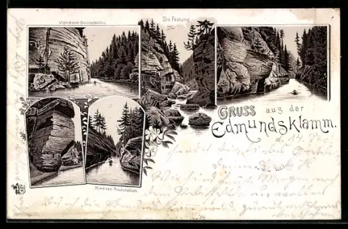 Lithographie Edmundsklamm, Bootstationen, Die Festung